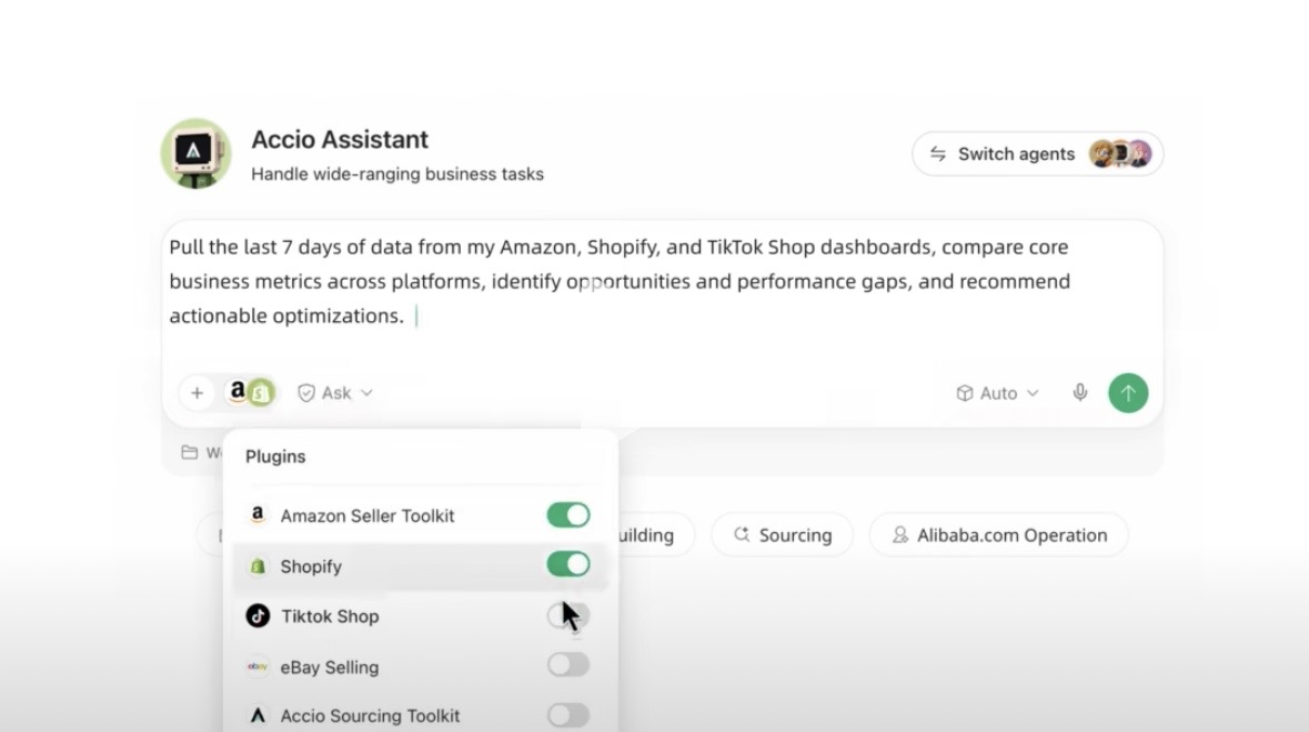 Accio 工作台截图,已开启 Amazon、Shopify 等插件