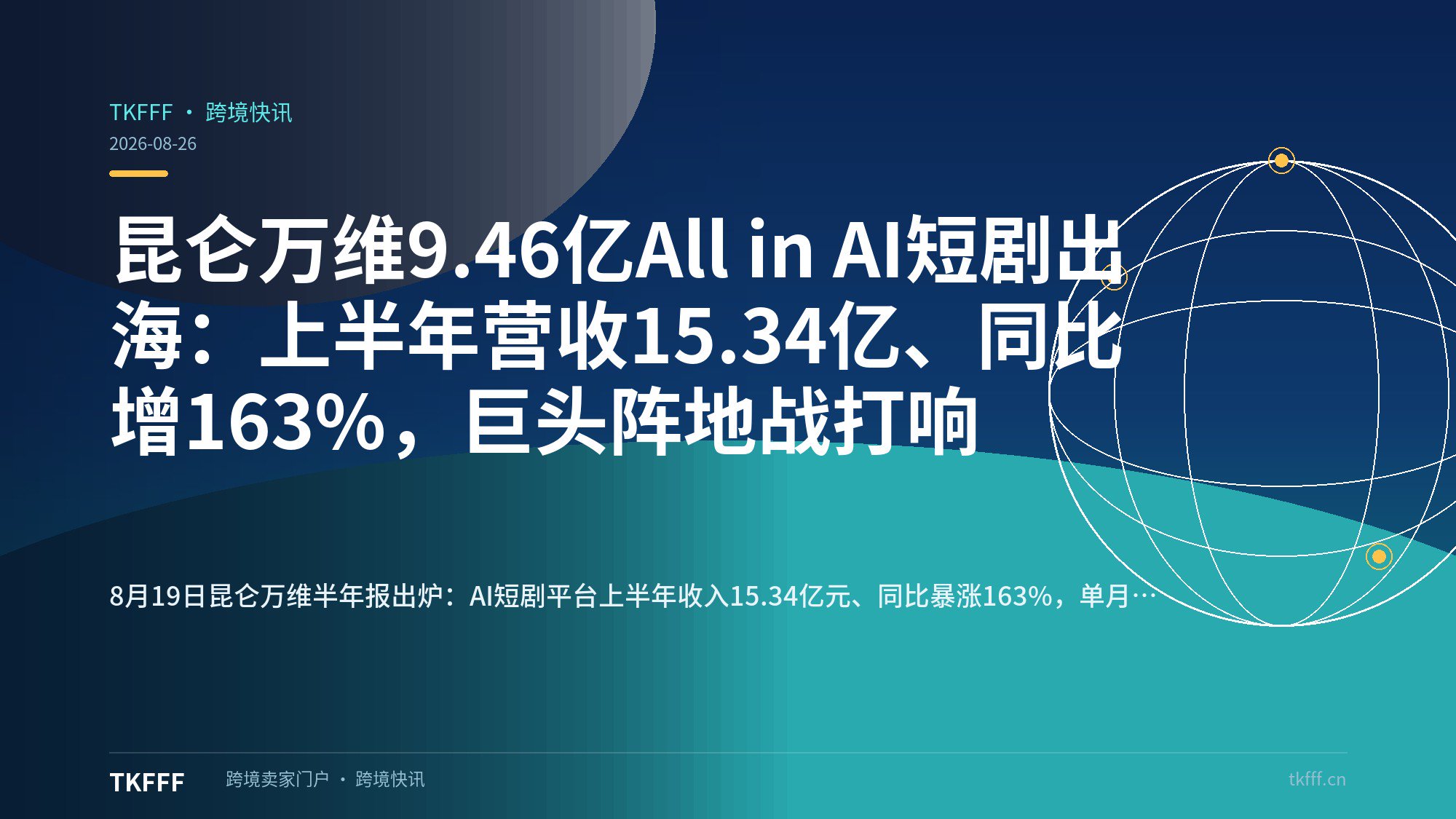 昆仑万维9.46亿All in AI短剧出海：上半年营收15.34亿、同比增163%，巨头阵地战打响