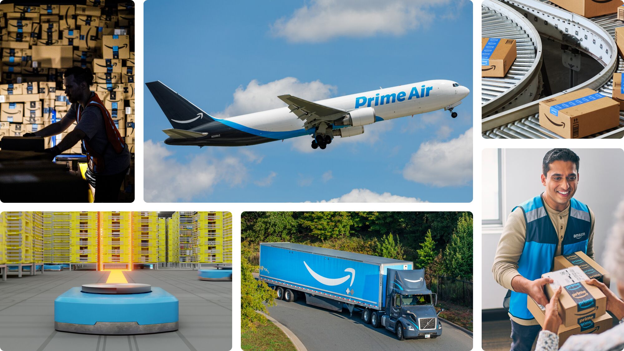 亚马逊全球供应链实拍组图:仓库拣货、Prime Air 货机、分拣线与卡车运输