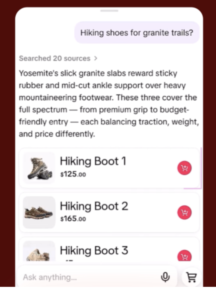 Shopping Assistant 界面:提问后列出商品、价格与购物车按钮