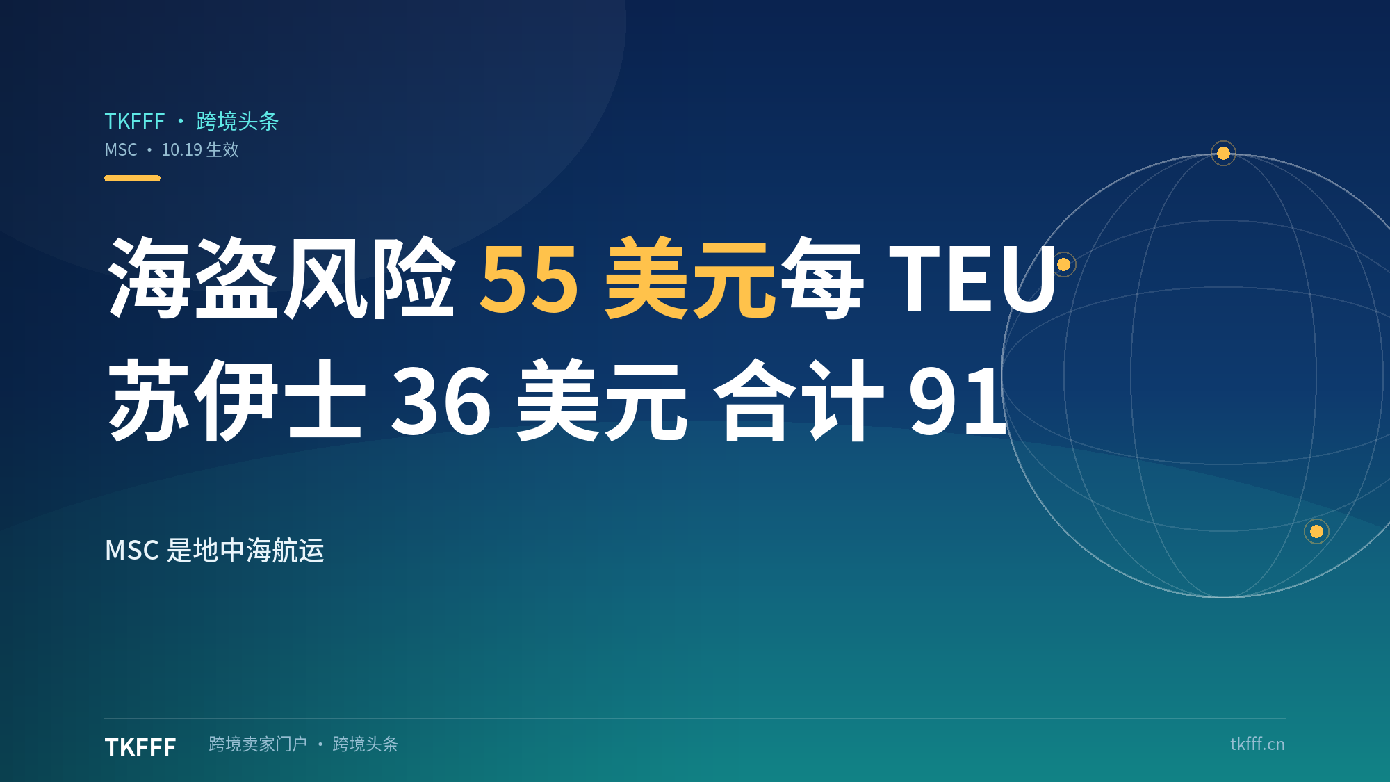 MSC 10.19地中海附加费扩港：海盗风险55美元每TEU加苏伊士36美元，合计91美元