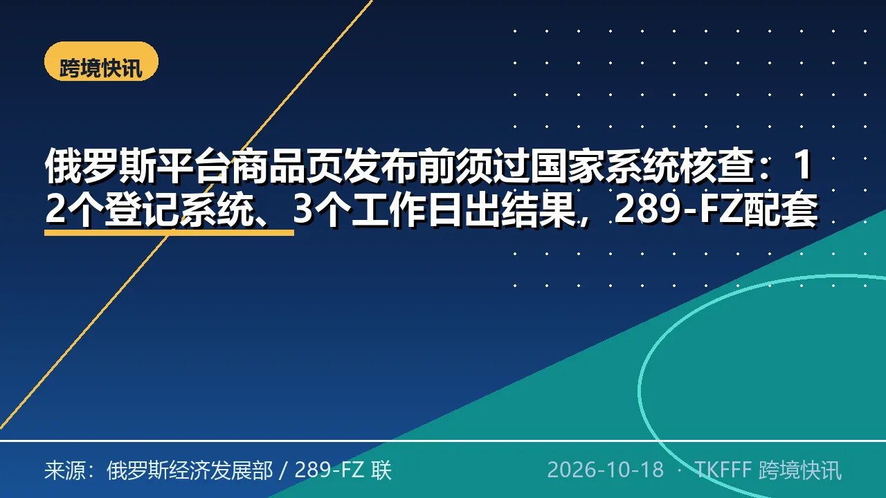 俄罗斯平台商品页发布前须过国家系统核查：12个登记系统、3个工作日出结果，289-FZ配套细则落地