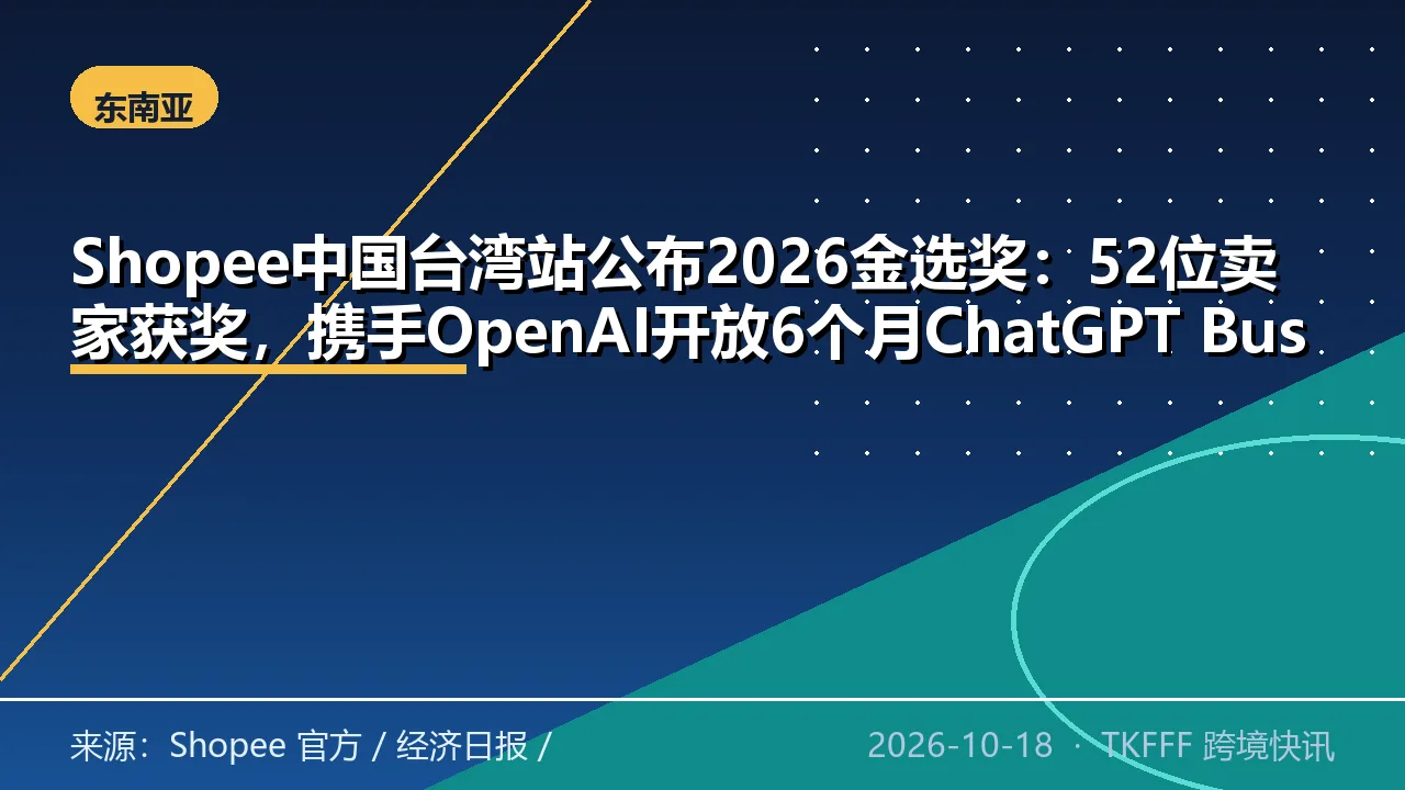 Shopee中国台湾站公布2026金选奖：52位卖家获奖，携手OpenAI开放6个月ChatGPT Business免费试用