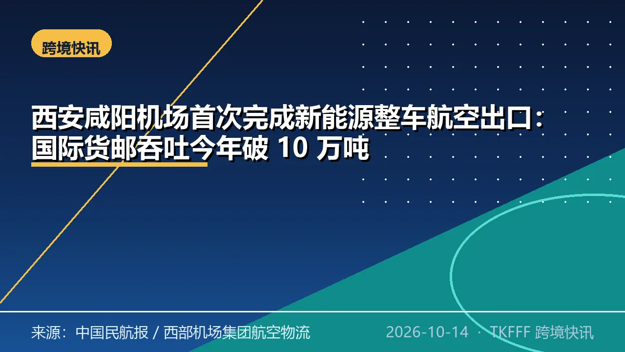 西安咸阳机场首次完成新能源整车航空出口：国际货邮吞吐今年破 10 万吨