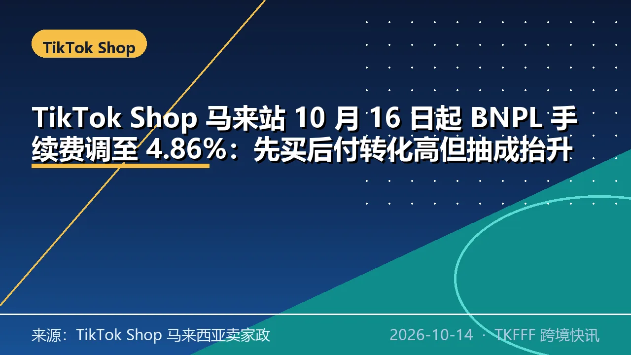 TikTok Shop 马来站 10 月 16 日起 BNPL 手续费调至 4.86%：先买后付转化高但抽成抬升，低客单店铺要重算毛利