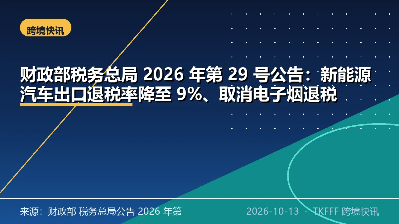 财政部税务总局 2026 年第 29 号公告：新能源汽车出口退税率降至 9%、取消电子烟退税