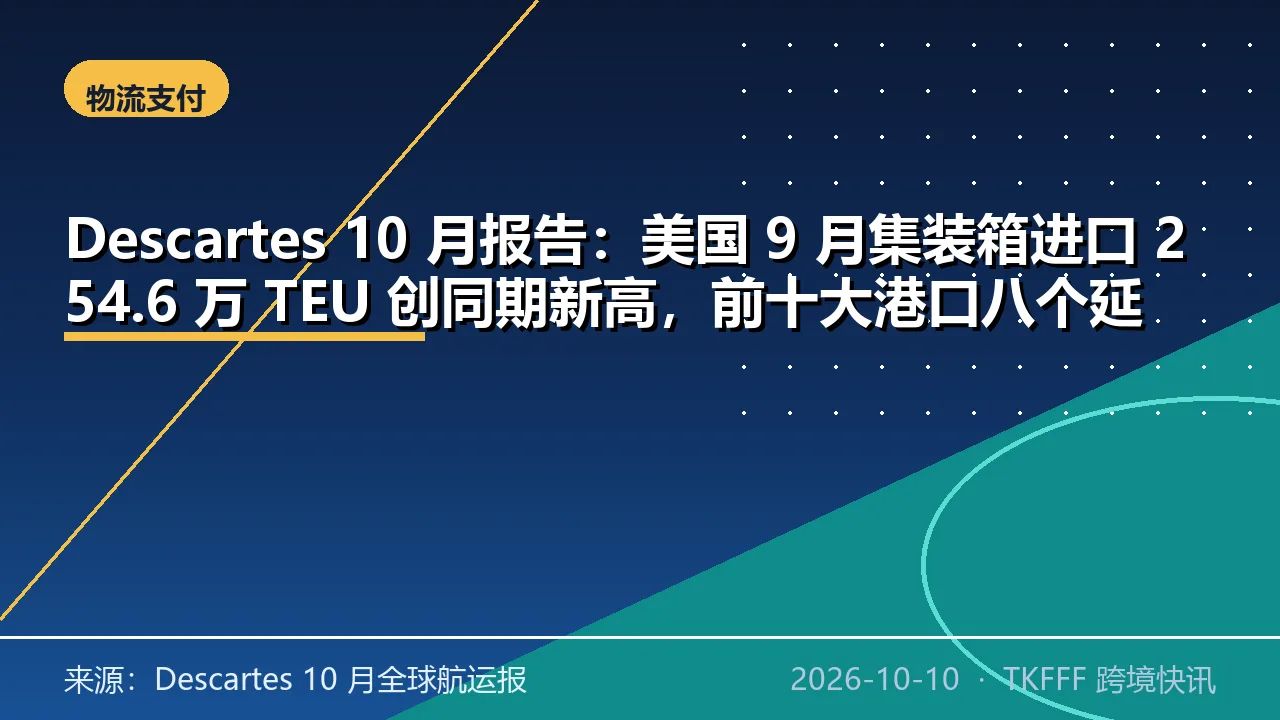 Descartes 10 月报告：美国 9 月集装箱进口 254.6 万 TEU 创同期新高，前十大港口八个延误