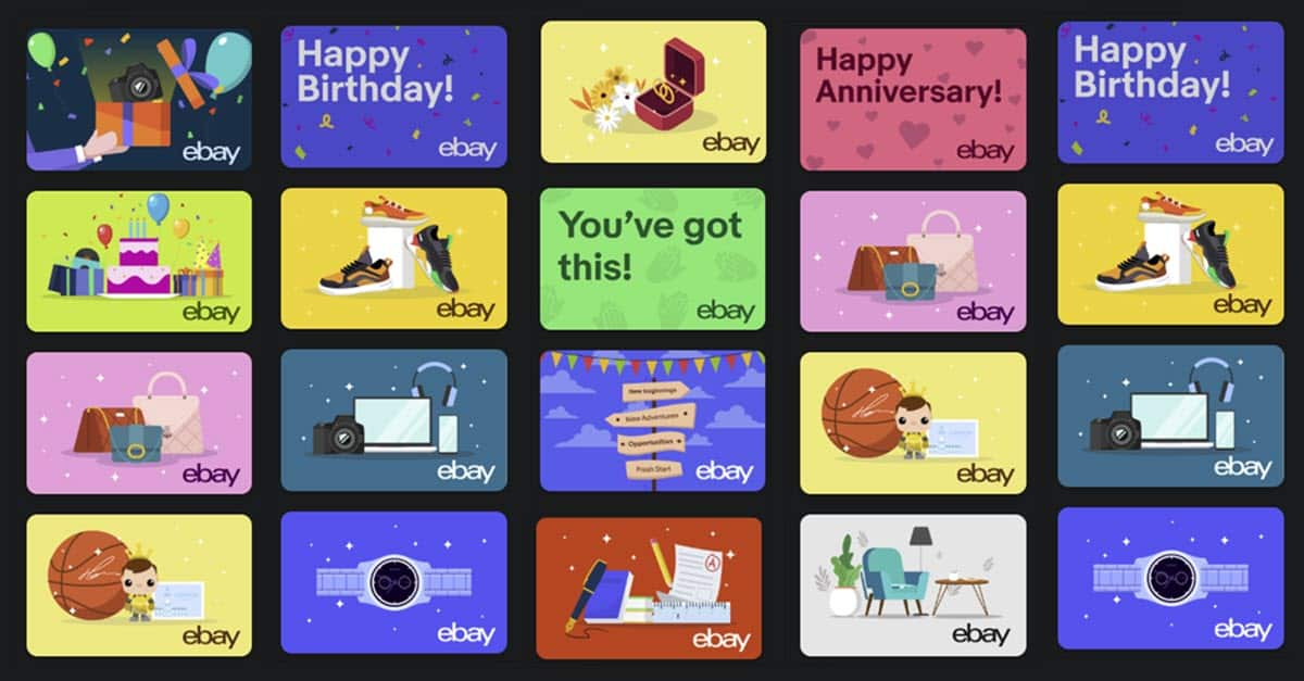 eBay 平台上多款礼品卡的实拍拼图，含数字卡与收藏卡